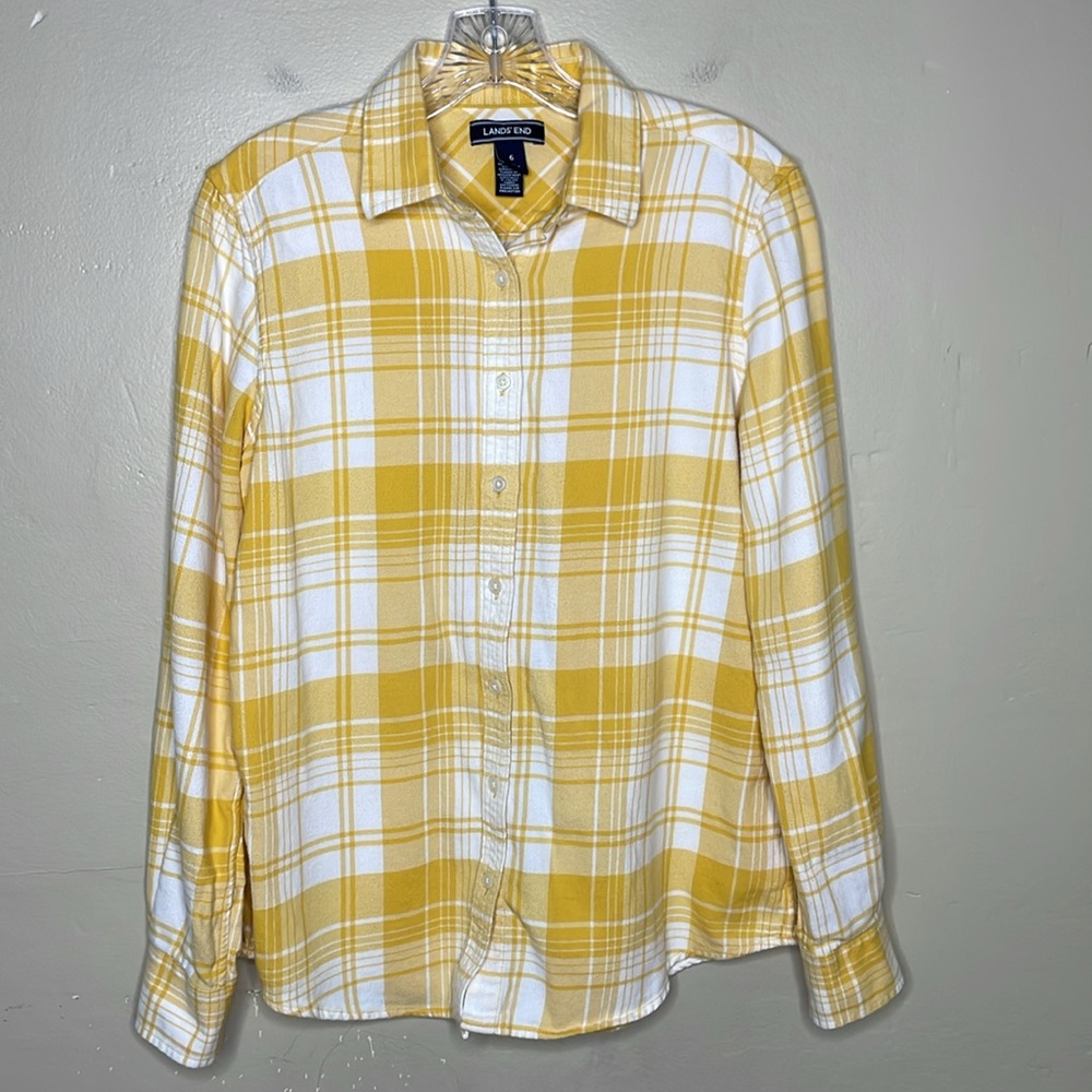 LAND’S END Flannel Button Down Shirt Yellow & White Plaid Comfortable Casual 6